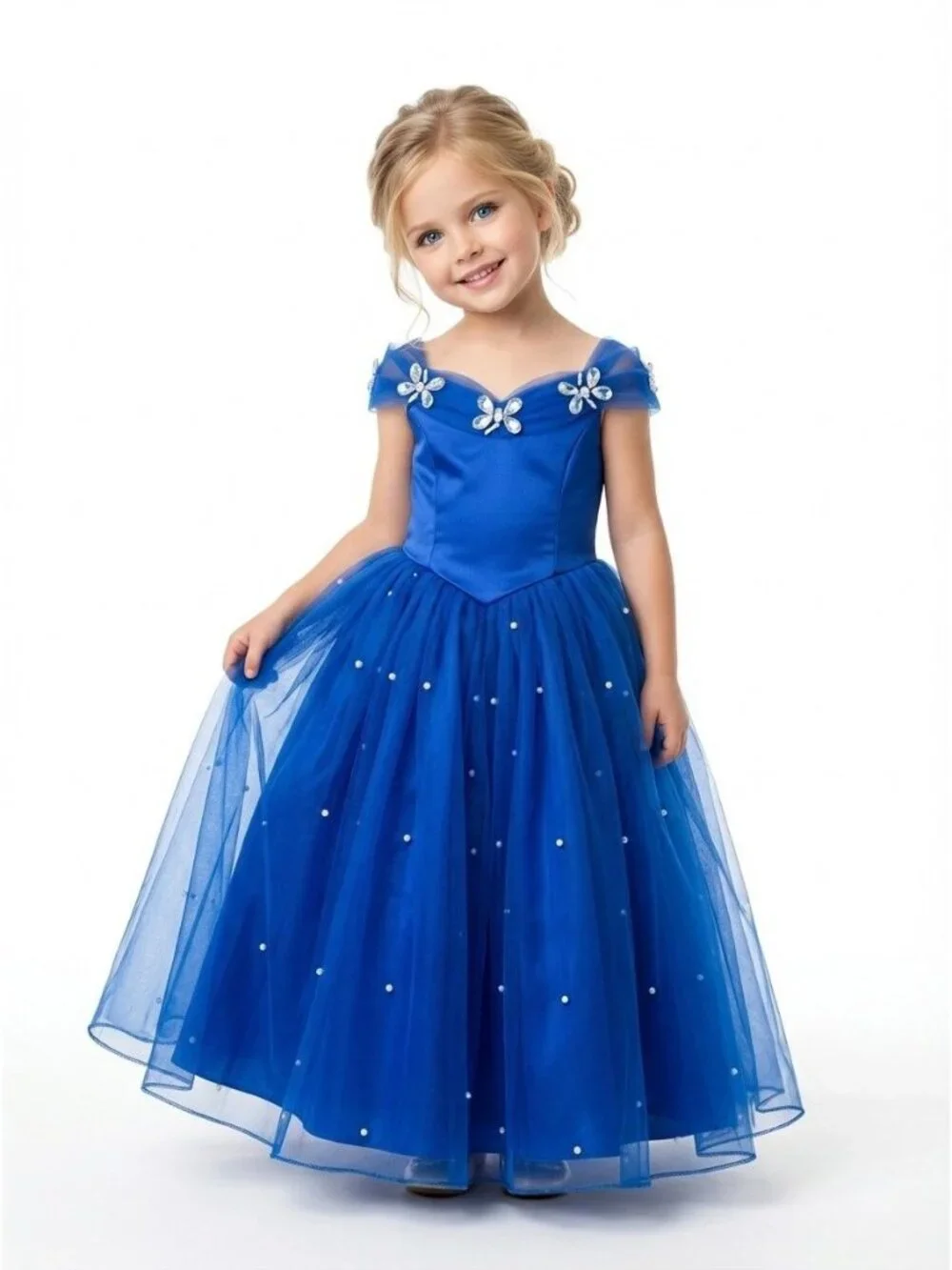 Girls Royal Blue Party Dress with Pearl Tulle Skirt